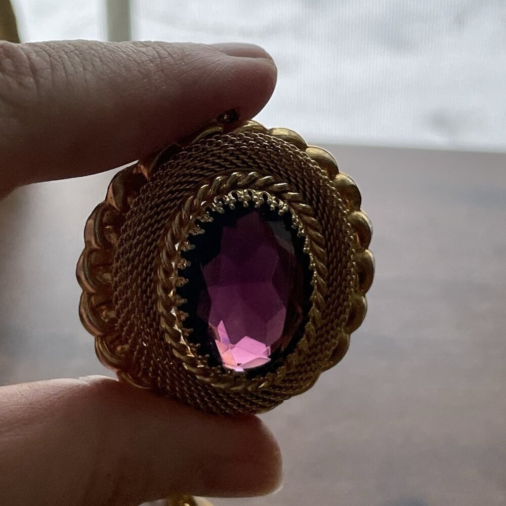 Vintage 70s Victorian Revival Necklace 24" Triple Strand Gold Tone Purple Glass - Picture 8 of 12